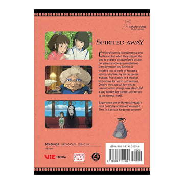 Back cover of 'Spirited Away' with illustrations and text on a pink background
